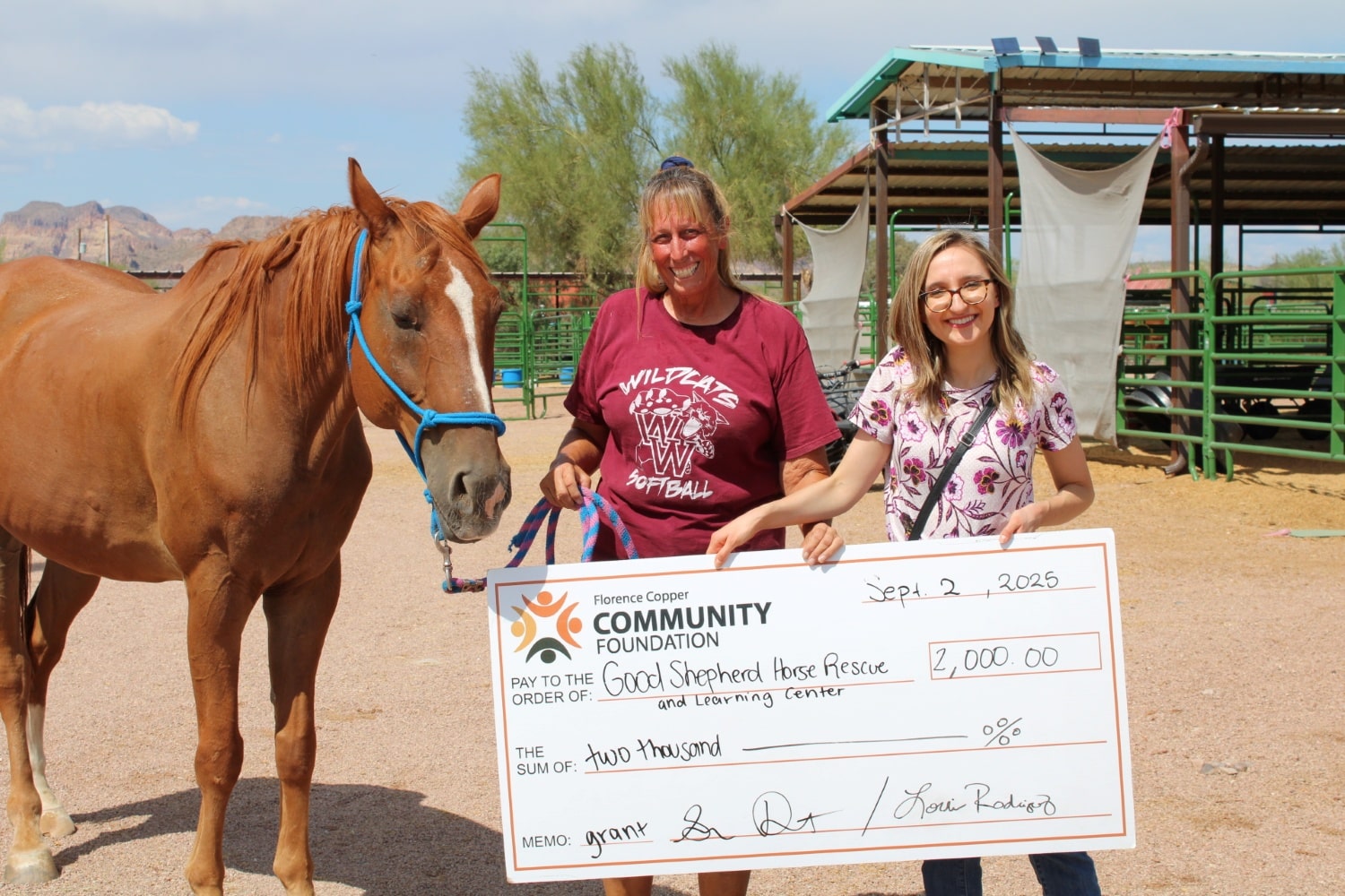 Florence Copper Community Foundation Awards $2,000 Grant to Good Shepherd Horse Rescue and Learning Center.